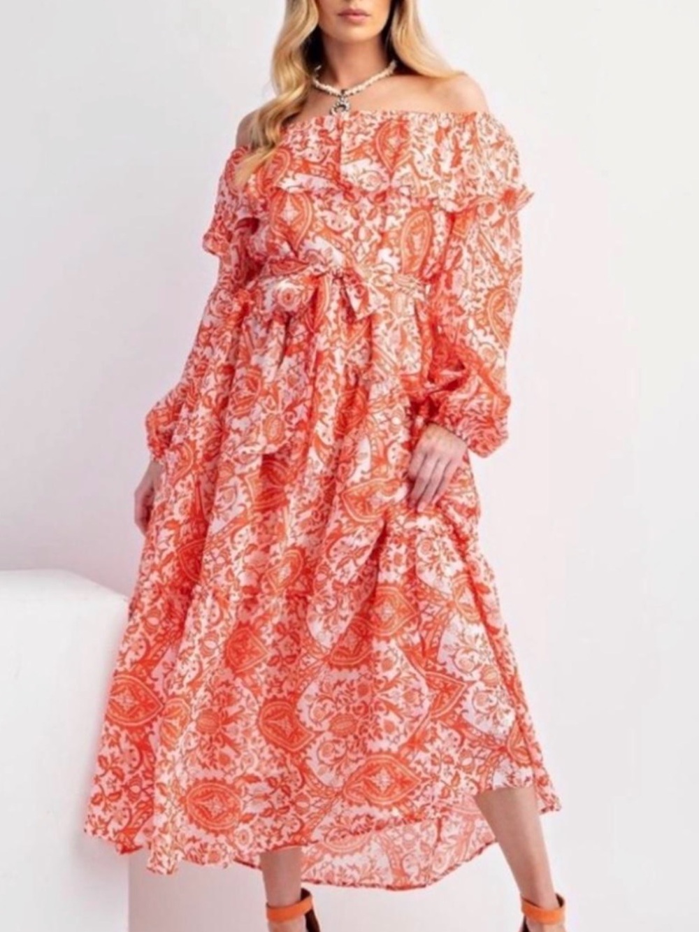 Easel Off-Shoulder Orange Paisley Dress, NWT, Size Large